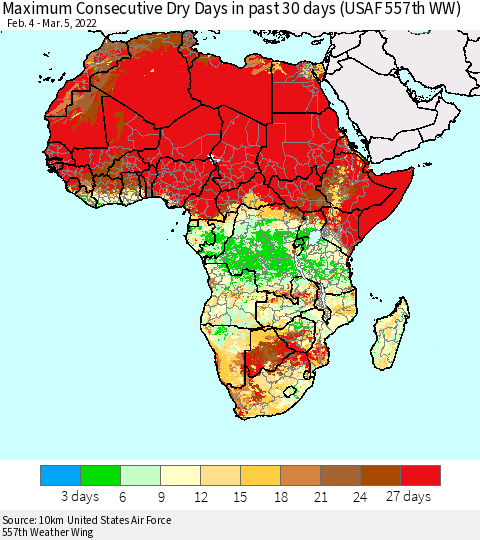 Africa Maximum Consecutive Dry Days in past 30 days (USAF 557th WW) 03/05/2022 Thematic Map For 3/1/2022 - 3/5/2022