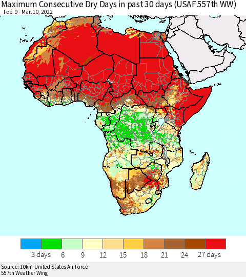 Africa Maximum Consecutive Dry Days in past 30 days (USAF 557th WW) 03/10/2022 Thematic Map For 3/6/2022 - 3/10/2022