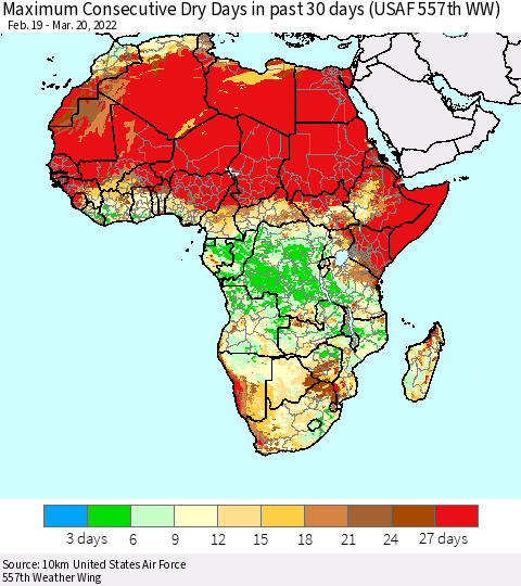 Africa Maximum Consecutive Dry Days in past 30 days (USAF 557th WW) 03/20/2022 Thematic Map For 3/16/2022 - 3/20/2022