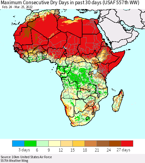 Africa Maximum Consecutive Dry Days in past 30 days (USAF 557th WW) 03/25/2022 Thematic Map For 3/21/2022 - 3/25/2022