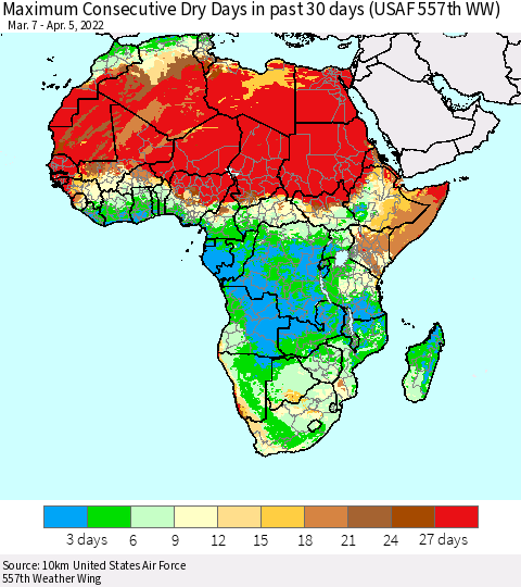 Africa Maximum Consecutive Dry Days in past 30 days (USAF 557th WW) 04/05/2022 Thematic Map For 4/1/2022 - 4/5/2022