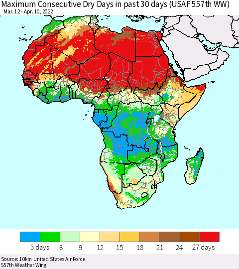 Africa Maximum Consecutive Dry Days in past 30 days (USAF 557th WW) 04/10/2022 Thematic Map For 4/6/2022 - 4/10/2022