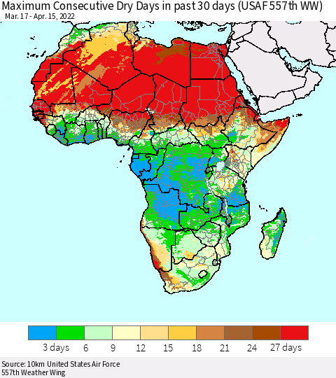 Africa Maximum Consecutive Dry Days in past 30 days (USAF 557th WW) 04/15/2022 Thematic Map For 4/11/2022 - 4/15/2022