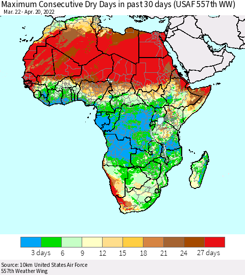 Africa Maximum Consecutive Dry Days in past 30 days (USAF 557th WW) 04/20/2022 Thematic Map For 4/16/2022 - 4/20/2022