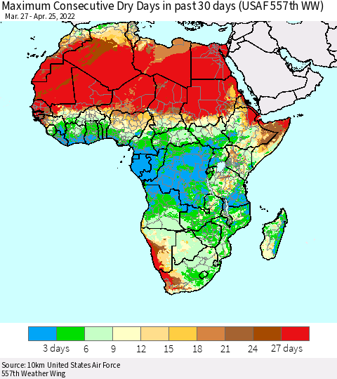 Africa Maximum Consecutive Dry Days in past 30 days (USAF 557th WW) 04/25/2022 Thematic Map For 4/21/2022 - 4/25/2022