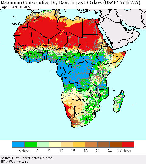 Africa Maximum Consecutive Dry Days in past 30 days (USAF 557th WW) 04/30/2022 Thematic Map For 4/26/2022 - 4/30/2022