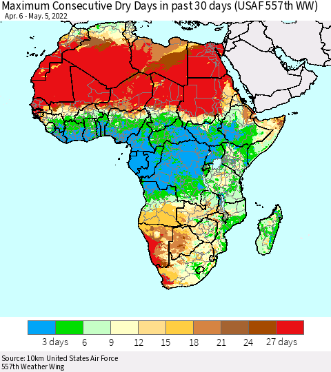 Africa Maximum Consecutive Dry Days in past 30 days (USAF 557th WW) 05/05/2022 Thematic Map For 5/1/2022 - 5/5/2022