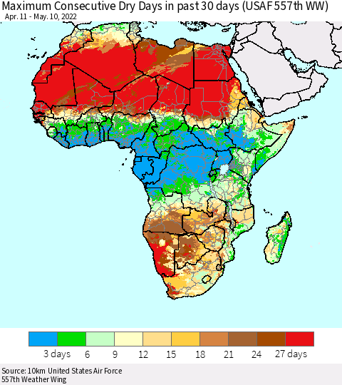 Africa Maximum Consecutive Dry Days in past 30 days (USAF 557th WW) 05/10/2022 Thematic Map For 5/6/2022 - 5/10/2022