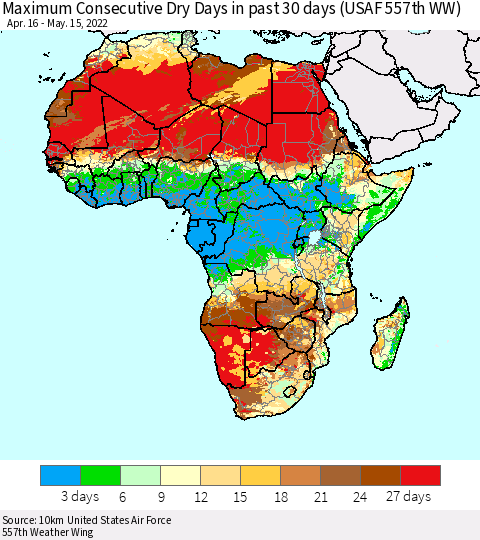 Africa Maximum Consecutive Dry Days in past 30 days (USAF 557th WW) 05/15/2022 Thematic Map For 5/11/2022 - 5/15/2022