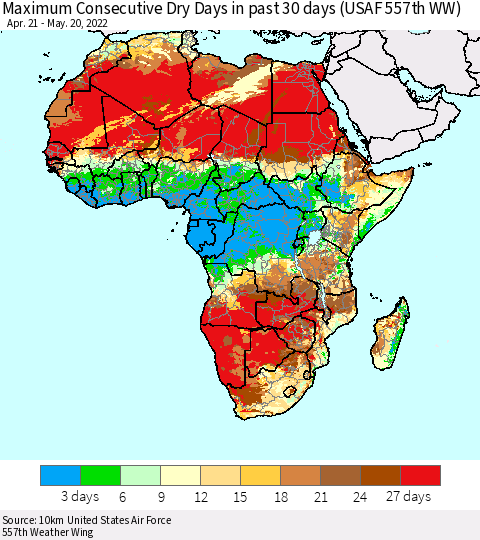 Africa Maximum Consecutive Dry Days in past 30 days (USAF 557th WW) 05/20/2022 Thematic Map For 5/16/2022 - 5/20/2022