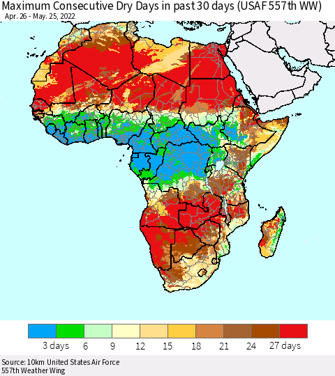 Africa Maximum Consecutive Dry Days in past 30 days (USAF 557th WW) 05/25/2022 Thematic Map For 5/21/2022 - 5/25/2022