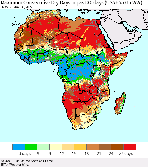 Africa Maximum Consecutive Dry Days in past 30 days (USAF 557th WW) 05/31/2022 Thematic Map For 5/26/2022 - 5/31/2022