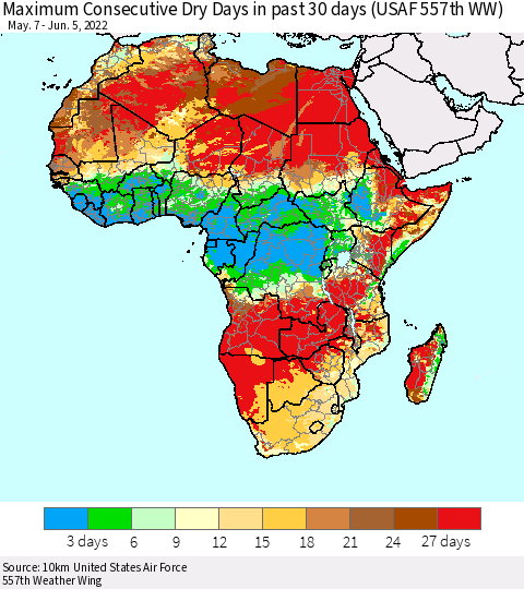 Africa Maximum Consecutive Dry Days in past 30 days (USAF 557th WW) 06/05/2022 Thematic Map For 6/1/2022 - 6/5/2022