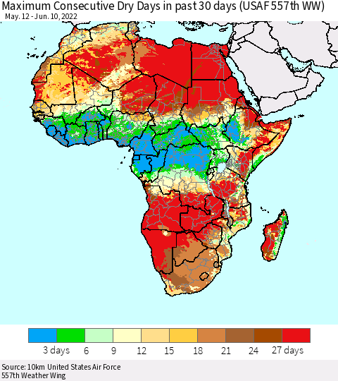 Africa Maximum Consecutive Dry Days in past 30 days (USAF 557th WW) 06/10/2022 Thematic Map For 6/6/2022 - 6/10/2022