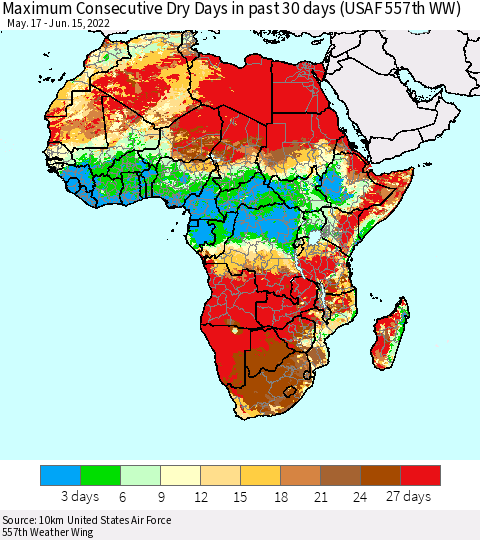 Africa Maximum Consecutive Dry Days in past 30 days (USAF 557th WW) 06/15/2022 Thematic Map For 6/11/2022 - 6/15/2022