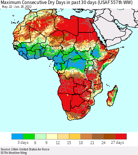 Africa Maximum Consecutive Dry Days in past 30 days (USAF 557th WW) 06/20/2022 Thematic Map For 6/16/2022 - 6/20/2022
