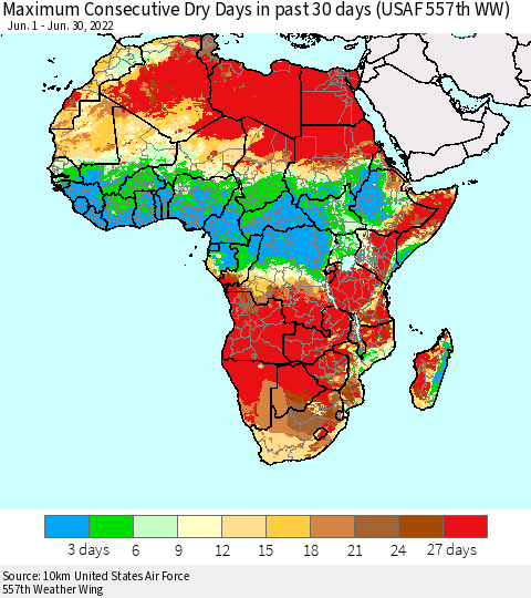 Africa Maximum Consecutive Dry Days in past 30 days (USAF 557th WW) 06/30/2022 Thematic Map For 6/26/2022 - 6/30/2022