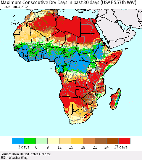 Africa Maximum Consecutive Dry Days in past 30 days (USAF 557th WW) 07/05/2022 Thematic Map For 7/1/2022 - 7/5/2022