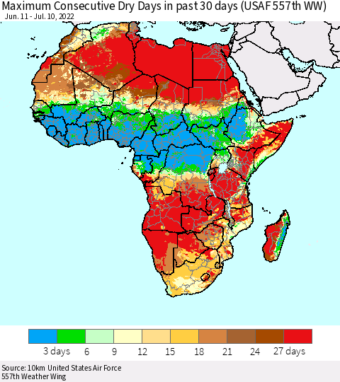Africa Maximum Consecutive Dry Days in past 30 days (USAF 557th WW) 07/10/2022 Thematic Map For 7/6/2022 - 7/10/2022