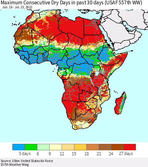 Africa Maximum Consecutive Dry Days in past 30 days (USAF 557th WW) 07/15/2022 Thematic Map For 7/11/2022 - 7/15/2022
