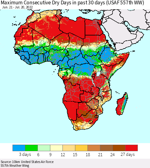 Africa Maximum Consecutive Dry Days in past 30 days (USAF 557th WW) 07/20/2022 Thematic Map For 7/16/2022 - 7/20/2022