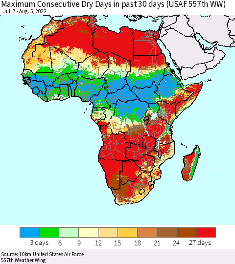 Africa Maximum Consecutive Dry Days in past 30 days (USAF 557th WW) 08/05/2022 Thematic Map For 8/1/2022 - 8/5/2022
