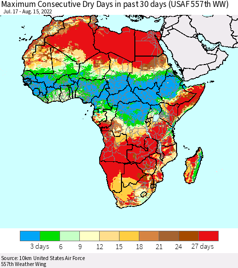 Africa Maximum Consecutive Dry Days in past 30 days (USAF 557th WW) 08/15/2022 Thematic Map For 8/11/2022 - 8/15/2022