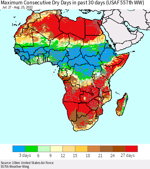 Africa Maximum Consecutive Dry Days in past 30 days (USAF 557th WW) 08/25/2022 Thematic Map For 8/21/2022 - 8/25/2022