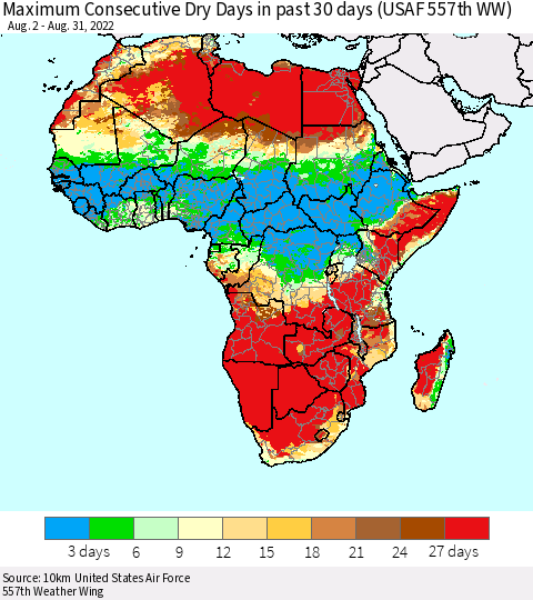 Africa Maximum Consecutive Dry Days in past 30 days (USAF 557th WW) 08/31/2022 Thematic Map For 8/26/2022 - 8/31/2022