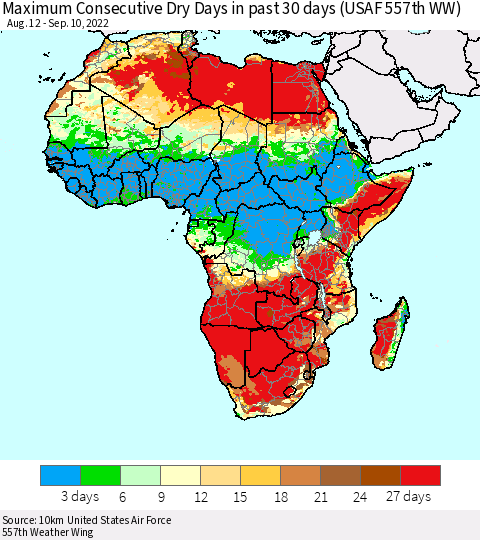 Africa Maximum Consecutive Dry Days in past 30 days (USAF 557th WW) 09/10/2022 Thematic Map For 9/6/2022 - 9/10/2022
