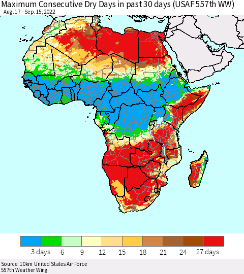 Africa Maximum Consecutive Dry Days in past 30 days (USAF 557th WW) 09/15/2022 Thematic Map For 9/11/2022 - 9/15/2022