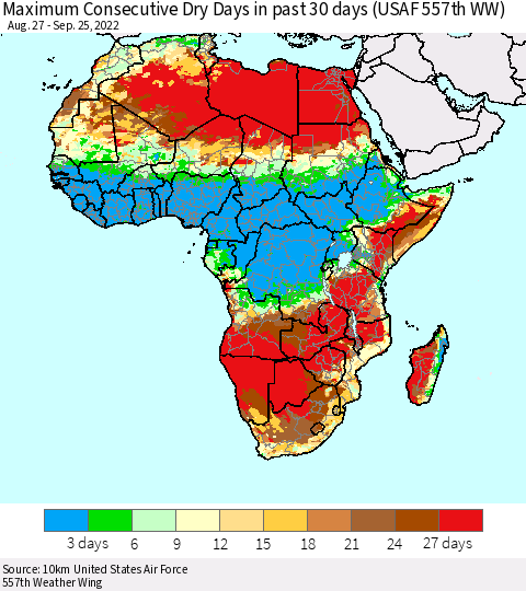 Africa Maximum Consecutive Dry Days in past 30 days (USAF 557th WW) 09/25/2022 Thematic Map For 9/21/2022 - 9/25/2022
