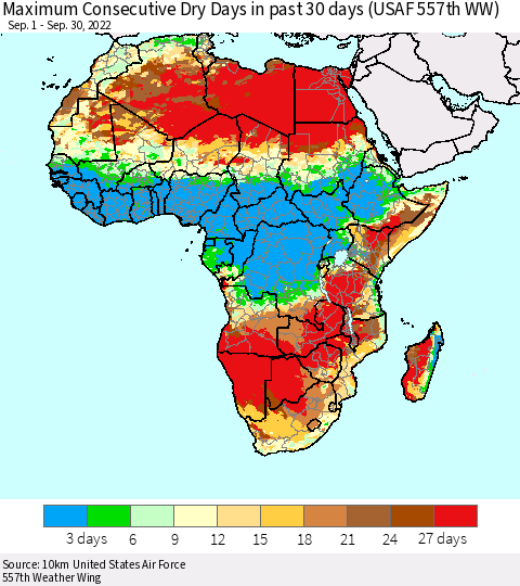 Africa Maximum Consecutive Dry Days in past 30 days (USAF 557th WW) 09/30/2022 Thematic Map For 9/26/2022 - 9/30/2022