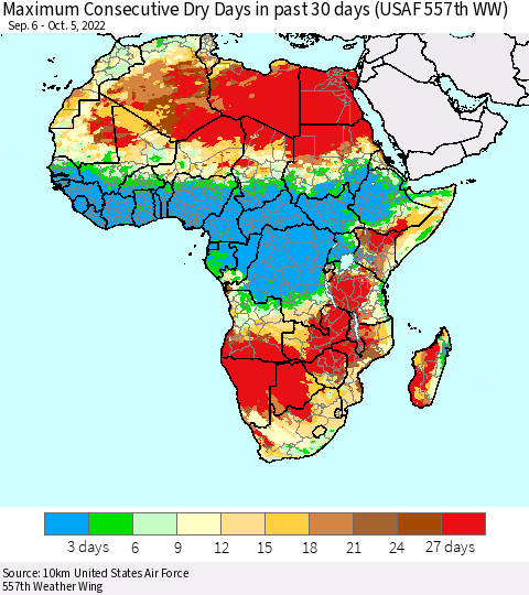 Africa Maximum Consecutive Dry Days in past 30 days (USAF 557th WW) 10/05/2022 Thematic Map For 10/1/2022 - 10/5/2022