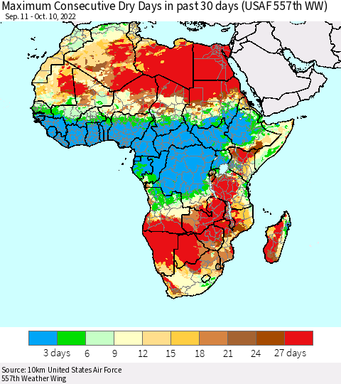 Africa Maximum Consecutive Dry Days in past 30 days (USAF 557th WW) 10/10/2022 Thematic Map For 10/6/2022 - 10/10/2022
