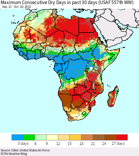Africa Maximum Consecutive Dry Days in past 30 days (USAF 557th WW) 10/20/2022 Thematic Map For 10/16/2022 - 10/20/2022