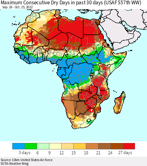 Africa Maximum Consecutive Dry Days in past 30 days (USAF 557th WW) 10/25/2022 Thematic Map For 10/21/2022 - 10/25/2022