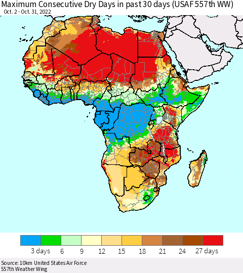 Africa Maximum Consecutive Dry Days in past 30 days (USAF 557th WW) 10/31/2022 Thematic Map For 10/26/2022 - 10/31/2022