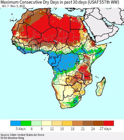 Africa Maximum Consecutive Dry Days in past 30 days (USAF 557th WW) 11/05/2022 Thematic Map For 11/1/2022 - 11/5/2022