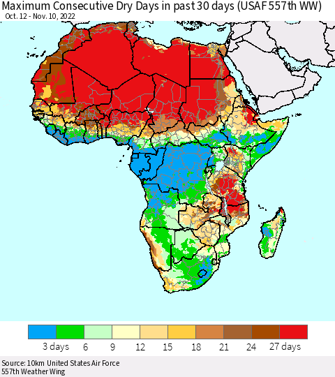 Africa Maximum Consecutive Dry Days in past 30 days (USAF 557th WW) 11/10/2022 Thematic Map For 11/6/2022 - 11/10/2022