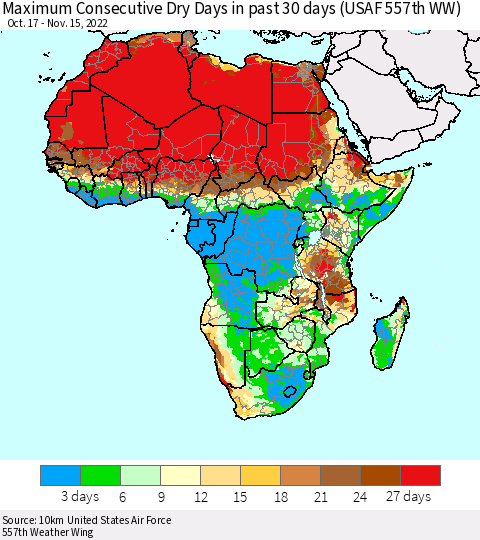 Africa Maximum Consecutive Dry Days in past 30 days (USAF 557th WW) 11/15/2022 Thematic Map For 11/11/2022 - 11/15/2022