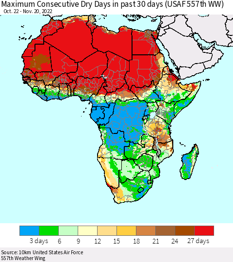 Africa Maximum Consecutive Dry Days in past 30 days (USAF 557th WW) 11/20/2022 Thematic Map For 11/16/2022 - 11/20/2022