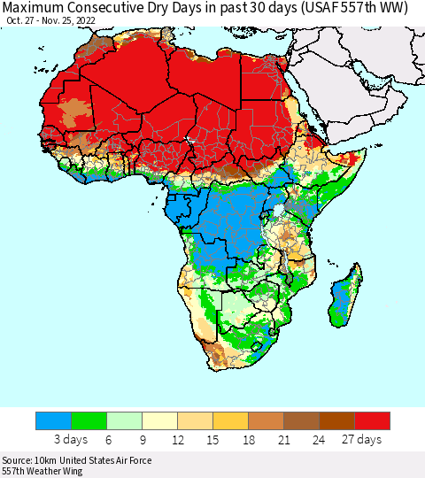 Africa Maximum Consecutive Dry Days in past 30 days (USAF 557th WW) 11/25/2022 Thematic Map For 11/21/2022 - 11/25/2022