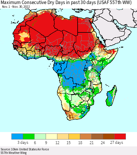 Africa Maximum Consecutive Dry Days in past 30 days (USAF 557th WW) 11/30/2022 Thematic Map For 11/26/2022 - 11/30/2022
