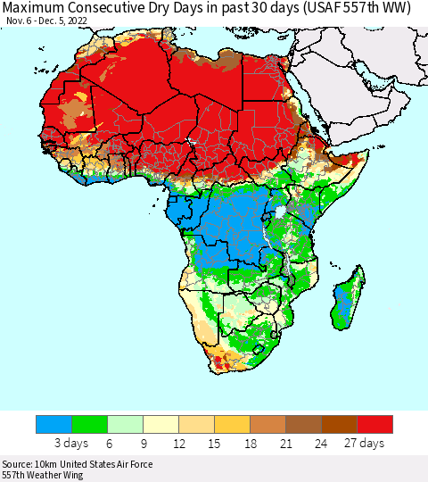 Africa Maximum Consecutive Dry Days in past 30 days (USAF 557th WW) 12/05/2022 Thematic Map For 12/1/2022 - 12/5/2022