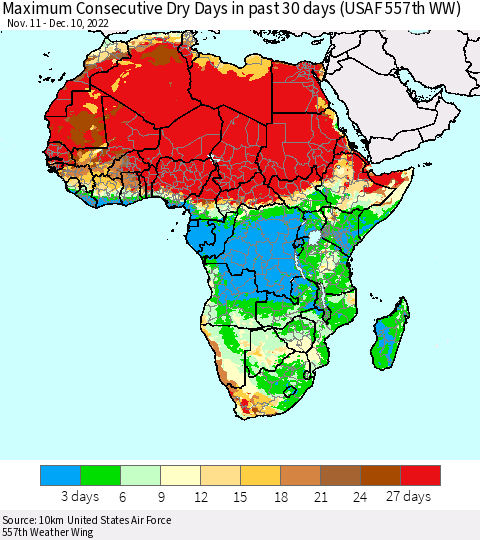 Africa Maximum Consecutive Dry Days in past 30 days (USAF 557th WW) 12/10/2022 Thematic Map For 12/6/2022 - 12/10/2022