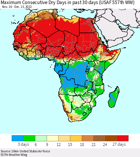 Africa Maximum Consecutive Dry Days in past 30 days (USAF 557th WW) 12/15/2022 Thematic Map For 12/11/2022 - 12/15/2022