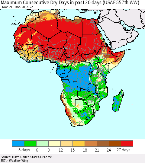 Africa Maximum Consecutive Dry Days in past 30 days (USAF 557th WW) 12/20/2022 Thematic Map For 12/16/2022 - 12/20/2022