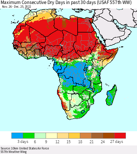 Africa Maximum Consecutive Dry Days in past 30 days (USAF 557th WW) 12/25/2022 Thematic Map For 12/21/2022 - 12/25/2022