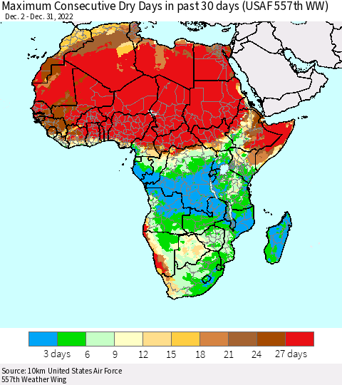 Africa Maximum Consecutive Dry Days in past 30 days (USAF 557th WW) 12/31/2022 Thematic Map For 12/26/2022 - 12/31/2022